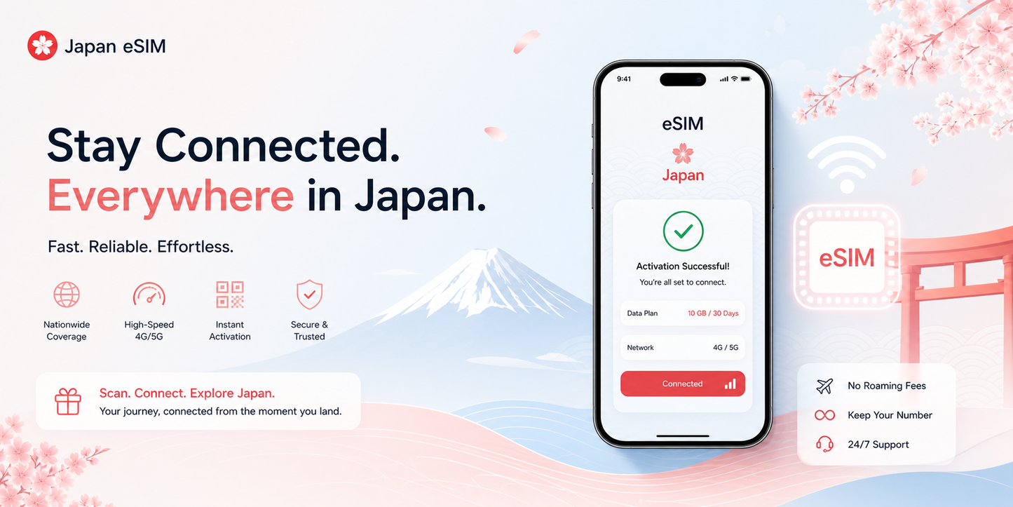 Japan eSIM Unlimited Data, 5G/4G LTE Travel eSIM for Japan, Instant QR Code Delivery, No Physical SIM Card, Compatible with iPhone & Android, Easy Activation