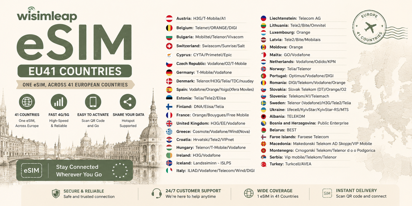 Europe eSIM 41 Countries, Unlimited Data Travel eSIM, Instant QR Code Delivery, No Physical SIM, Supports iPhone, Samsung & Google Pixel, Valid Across EU & UK (Copy)