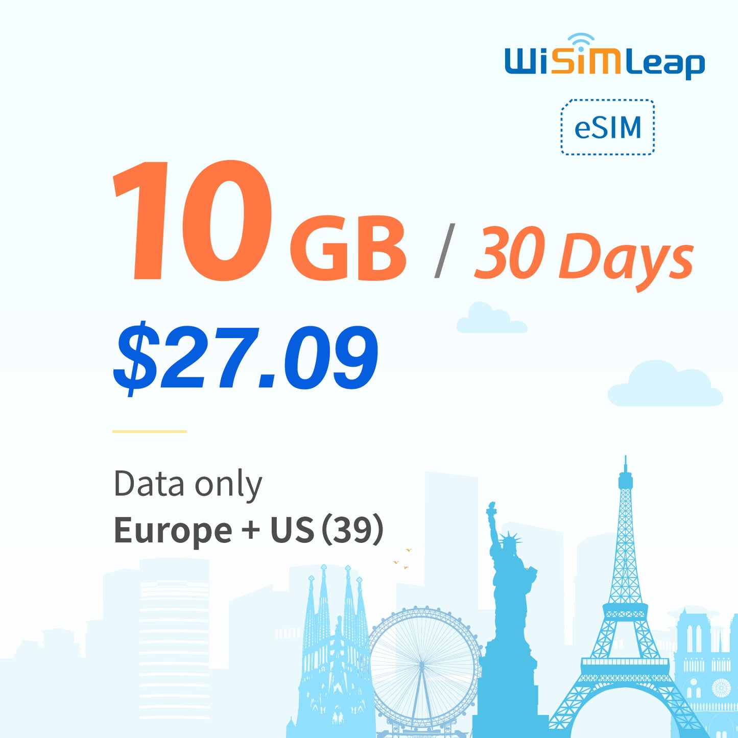 wisimleap eSIM Card Prepaid EU and US 39 Countries Internet Data in 5G 4G LTE Easy Activation No Contact No Romaing Fee Pay as You Go 10GB 30Day Travel Data