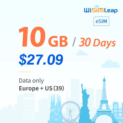 wisimleap eSIM Card Prepaid EU and US 39 Countries Internet Data in 5G 4G LTE Easy Activation No Contact No Romaing Fee Pay as You Go 10GB 30Day Travel Data