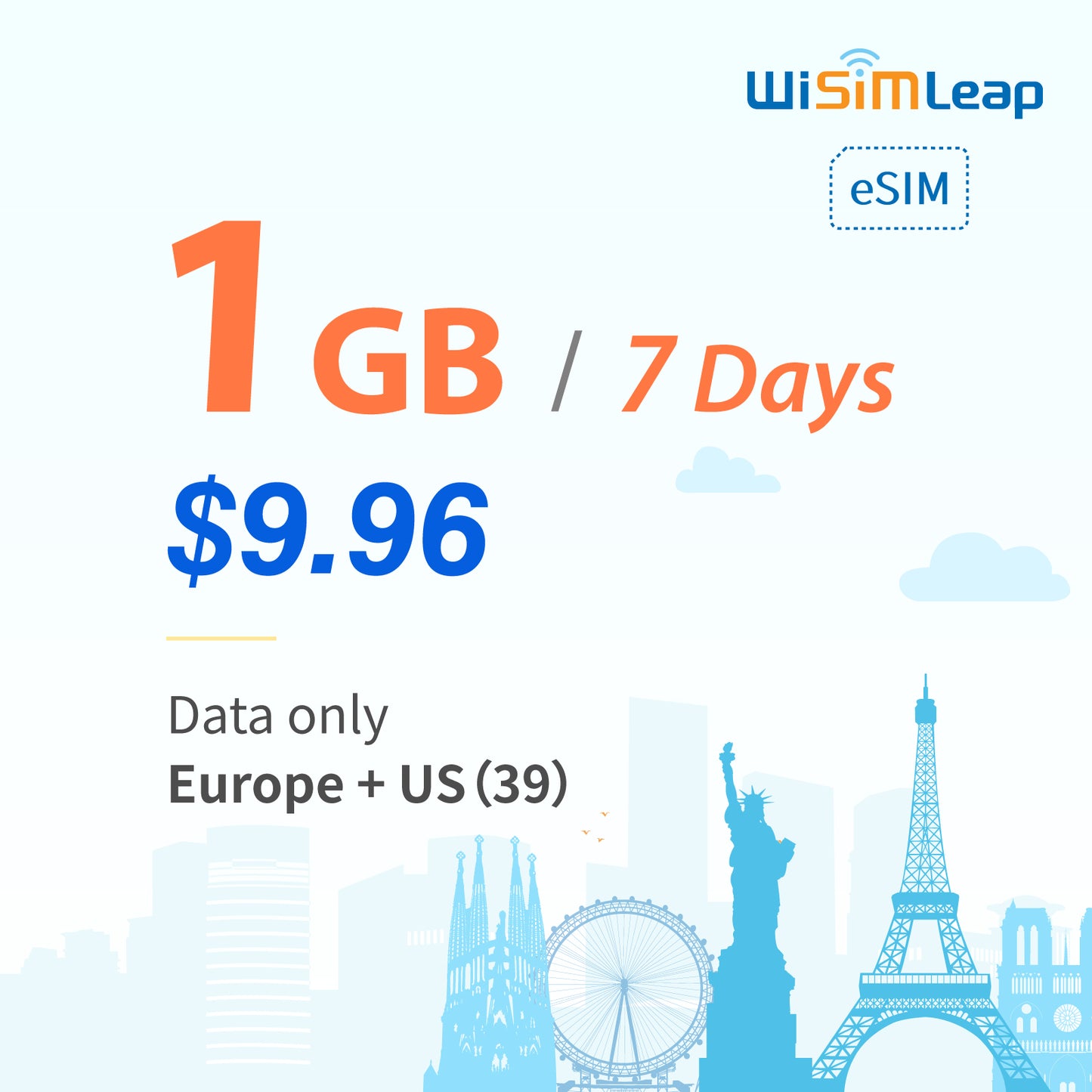 wisimleap eSIM Card Prepaid EU and US 39 Countries Internet Data in 5G 4G LTE Easy Activation No Contact No Romaing Fee Pay as You Go 1GB 7Day Travel Data