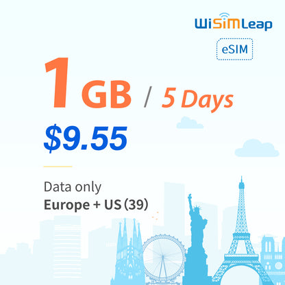 wisimleap eSIM Card Prepaid EU and US 39 Countries Internet Data in 5G 4G LTE Easy Activation No Contact No Romaing Fee Pay as You Go 1GB 5Day Travel Data