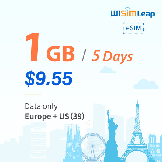 wisimleap eSIM Card Prepaid EU and US 39 Countries Internet Data in 5G 4G LTE Easy Activation No Contact No Romaing Fee Pay as You Go 1GB 5Day Travel Data