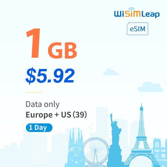 wisimleap eSIM Card Prepaid EU and US 39 Countries Internet Data in 5G 4G LTE Easy Activation No Contact No Romaing Fee Pay as You Go 1GB 1 Day  Travel Data