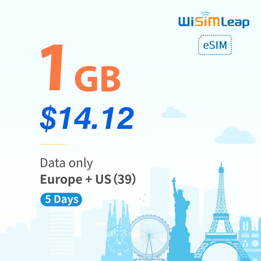 wisimleap eSIM Card Prepaid EU and US 39 Countries Internet Data in 5G 4G LTE Easy Activation No Contact No Romaing Fee Pay as You Go 1GB 5 Day Travel Data