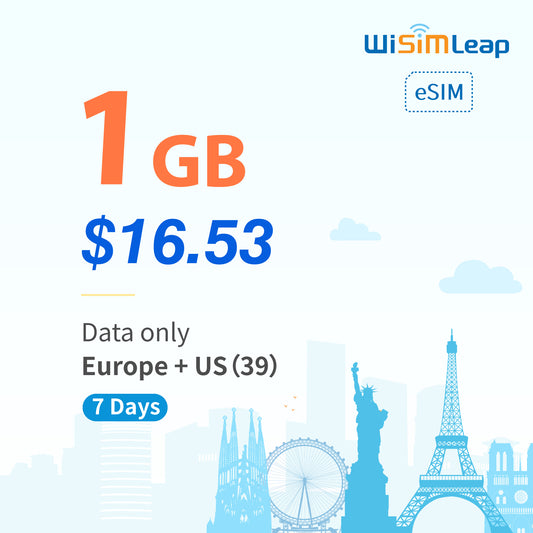 wisimleap eSIM Card Prepaid EU and US 39 Countries Internet Data in 5G 4G LTE Easy Activation No Contact No Romaing Fee Pay as You Go 1GB 7 Day Travel Data