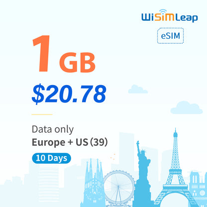 wisimleap eSIM Card Prepaid EU and US 39 Countries Internet Data in 5G 4G LTE Easy Activation No Contact No Romaing Fee Pay as You Go 1GB  10 Day Travel Data