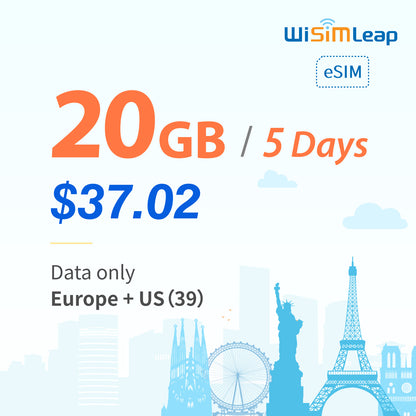 wisimleap eSIM Card Prepaid EU and US 39 Countries Internet Data in 5G 4G LTE Easy Activation No Contact No Romaing Fee Pay as You Go 20GB 5 Day Travel Data