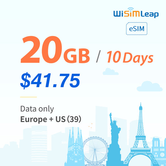 wisimleap eSIM Card Prepaid EU and US 39 Countries Internet Data in 5G 4G LTE Easy Activation No Contact No Romaing Fee Pay as You Go 20GB 10 Day Travel Data