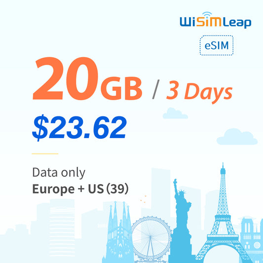 wisimleap eSIM Card Prepaid EU and US 39 Countries Internet Data in 5G 4G LTE Easy Activation No Contact No Romaing Fee Pay as You Go 20GB 3Day Travel Data