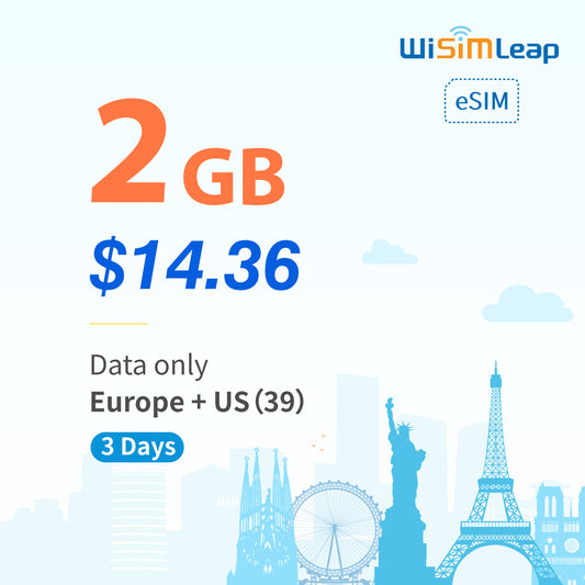 wisimleap eSIM Card Prepaid EU and US 39 Countries Internet Data in 5G 4G LTE Easy Activation No Contact No Romaing Fee Pay as You Go 2GB 3Day Travel Data