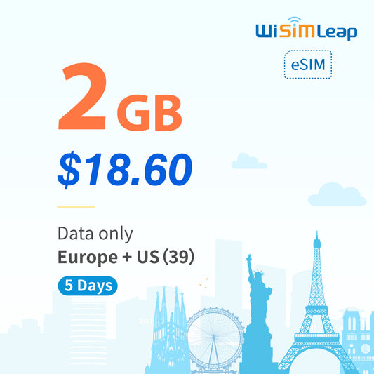 wisimleap eSIM Card Prepaid EU and US 39 Countries Internet Data in 5G 4G LTE Easy Activation No Contact No Romaing Fee Pay as You Go 2GB per Day 5Day Travel Data