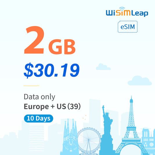 wisimleap eSIM Card Prepaid EU and US 39 Countries Internet Data in 5G 4G LTE Easy Activation No Contact No Romaing Fee Pay as You Go 2GB per Day 10Day Travel Data
