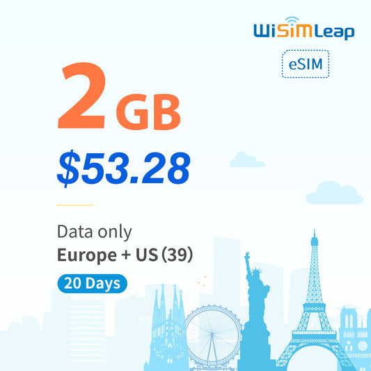 wisimleap eSIM Card Prepaid EU and US 39 Countries Internet Data in 5G 4G LTE Easy Activation No Contact No Romaing Fee Pay as You Go 2GB 20Day Travel Data