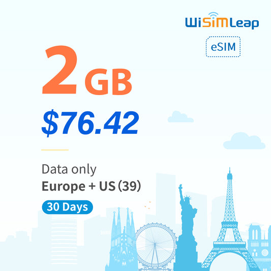 wisimleap eSIM Card Prepaid EU and US 39 Countries Internet Data in 5G 4G LTE Easy Activation No Contact No Romaing Fee Pay as You Go 2GB 30Day Travel Data