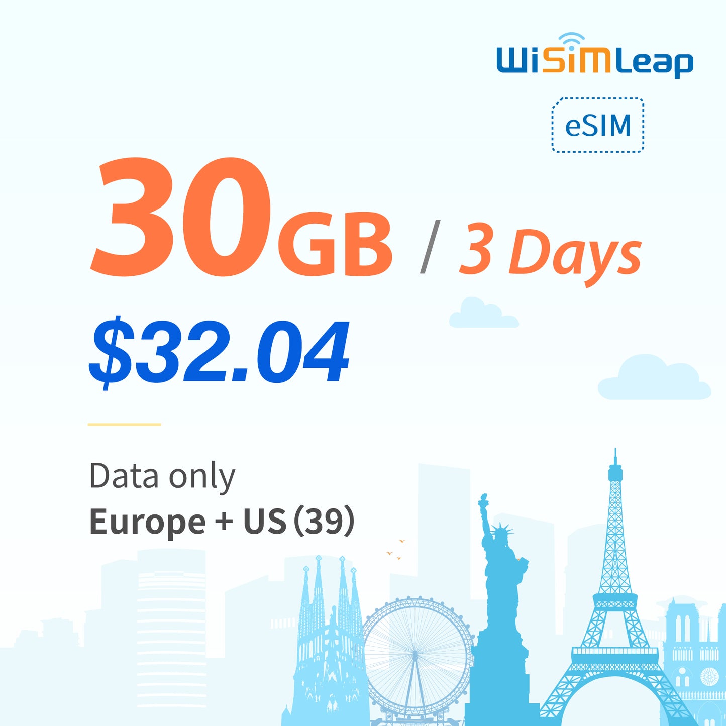 wisimleap eSIM Card Prepaid EU and US 39 Countries Internet Data in 5G 4G LTE Easy Activation No Contact No Romaing Fee Pay as You Go 30GB 3Day Travel Data