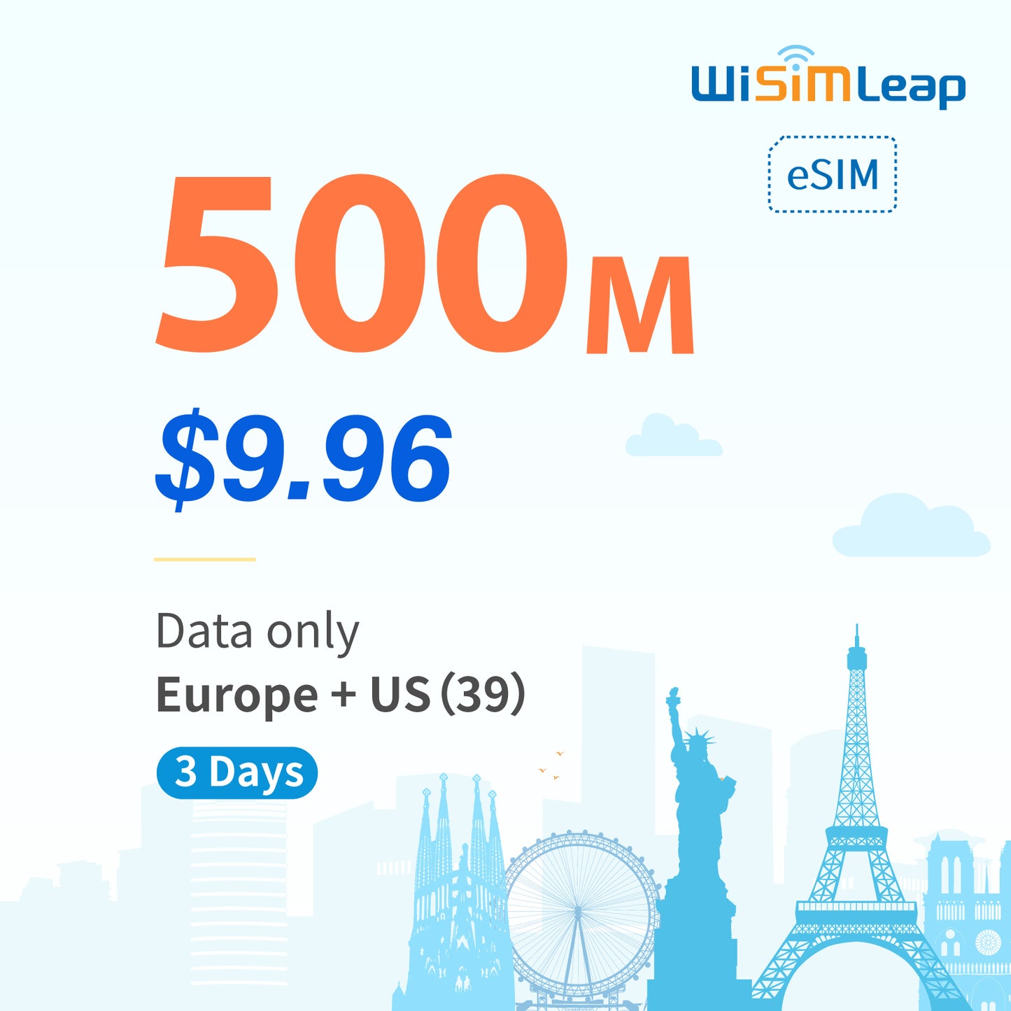 wisimleap eSIM Card Prepaid EU and US 39 Countries Internet Data in 5G 4G LTE 3 Day 500MB per Day Pay as You Go No Contract Travel Data Prepaid International eSIM Card for Prepaid International eSIM