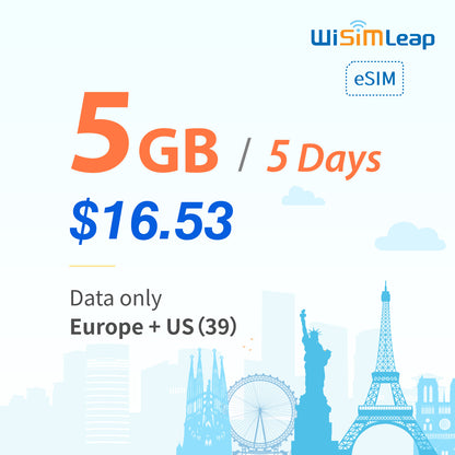 wisimleap eSIM Card Prepaid EU and US 39 Countries Internet Data in 5G 4G LTE Easy Activation No Contact No Romaing Fee Pay as You Go 5GB 5 Day Travel Data