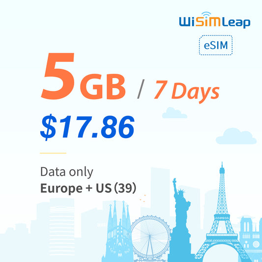 wisimleap eSIM Card Prepaid EU and US 39 Countries Internet Data in 5G 4G LTE Easy Activation No Contact No Romaing Fee Pay as You Go 5GB 7 Day Travel Data