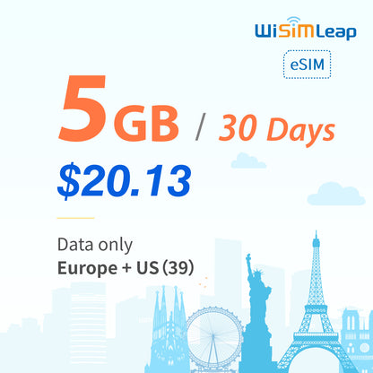 wisimleap eSIM Card Prepaid EU and US 39 Countries Internet Data in 5G 4G LTE Easy Activation No Contact No Romaing Fee Pay as You Go 5GB 30 Day Travel Data