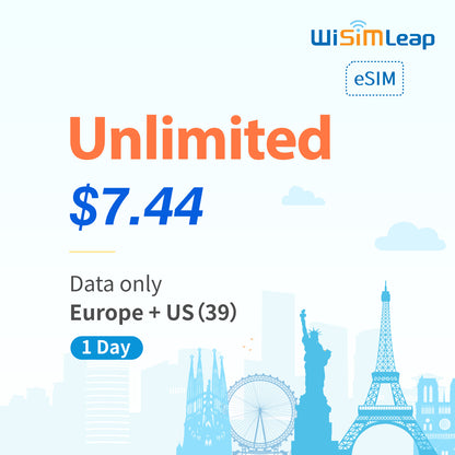 wisimleap eSIM Card Prepaid EU and US 39 Countries Internet Data in 5G 4G LTE Easy Activation No Contact No Romaing Fee Pay as You Go Unlimited 1Day Travel Data