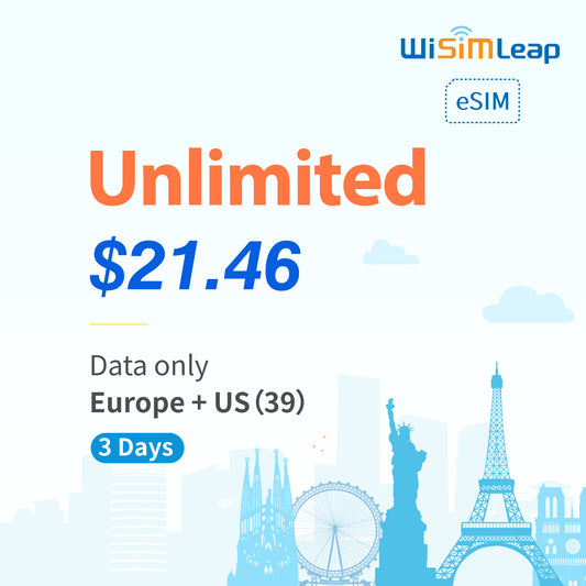 wisimleap eSIM Card Prepaid EU and US 39 Countries Internet Data in 5G 4G LTE Easy Activation No Contact No Romaing Fee Pay as You Go Unlimited 3Day Travel Data