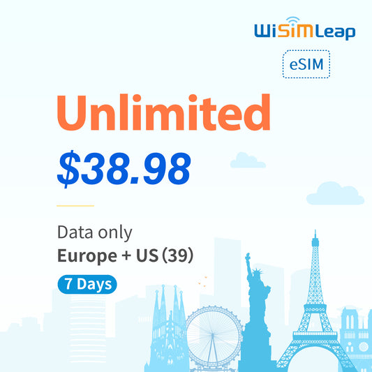 wisimleap eSIM Card Prepaid EU and US 39 Countries Internet Data in 5G 4G LTE Easy Activation No Contact No Romaing Fee Pay as You Go Unlimited 7Day Travel Data