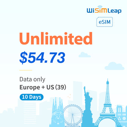 wisimleap eSIM Card Prepaid EU and US 39 Countries Internet Data in 5G 4G LTE Easy Activation No Contact No Romaing Fee Pay as You Go Unlimited 10Day Travel Data