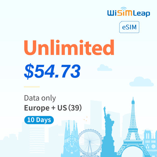 wisimleap eSIM Card Prepaid EU and US 39 Countries Internet Data in 5G 4G LTE Easy Activation No Contact No Romaing Fee Pay as You Go Unlimited 10Day Travel Data