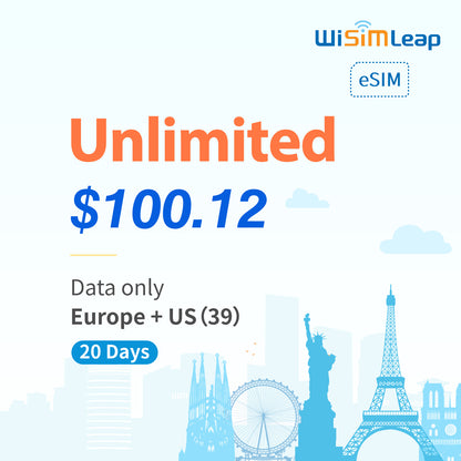 wisimleap eSIM Card Prepaid EU and US 39 Countries Internet Data in 5G 4G LTE Easy Activation No Contact No Romaing Fee Pay as You Go Unlimited 20Day Travel Data