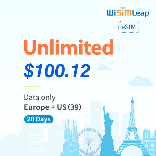 wisimleap eSIM Card Prepaid EU and US 39 Countries Internet Data in 5G 4G LTE Easy Activation No Contact No Romaing Fee Pay as You Go Unlimited 20Day Travel Data