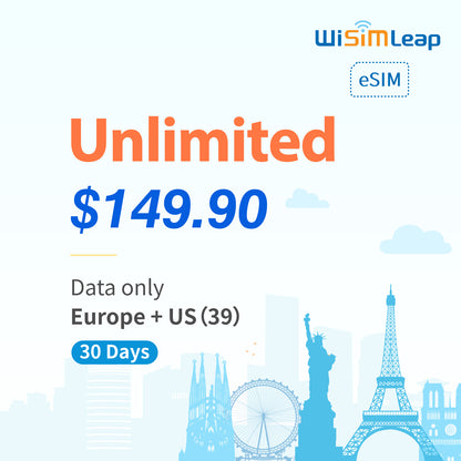 wisimleapeSIM Card Prepaid EU and US 39 Countries Internet Data in 5G 4G LTE Easy Activation No Contact No Romaing Fee Pay as You Go Unlimited 30Day Travel Data